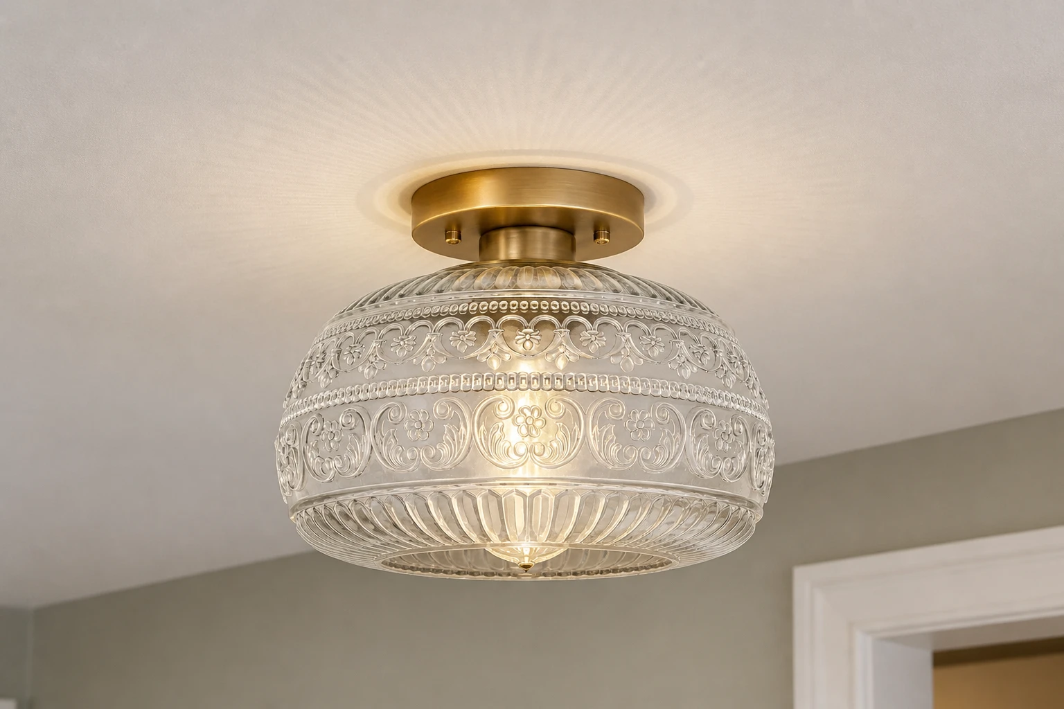 Close view of Oliver carved glass shade and painted metal canopy