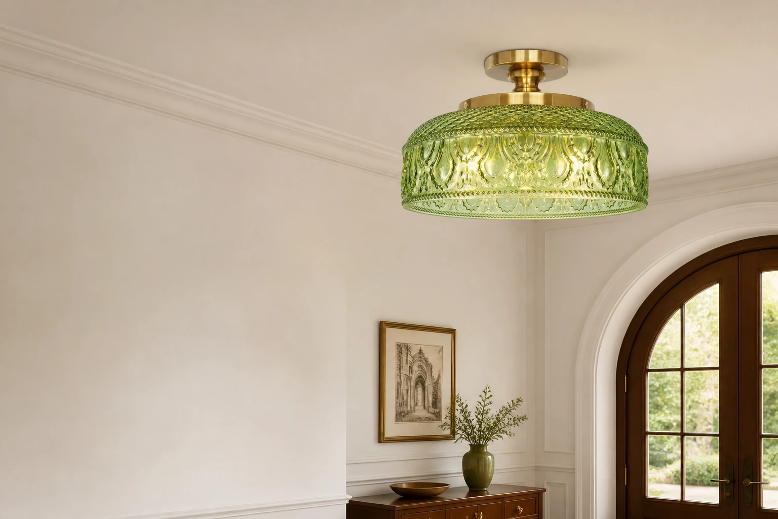 Jules textured green glass semi-flush ceiling light in an entry hall