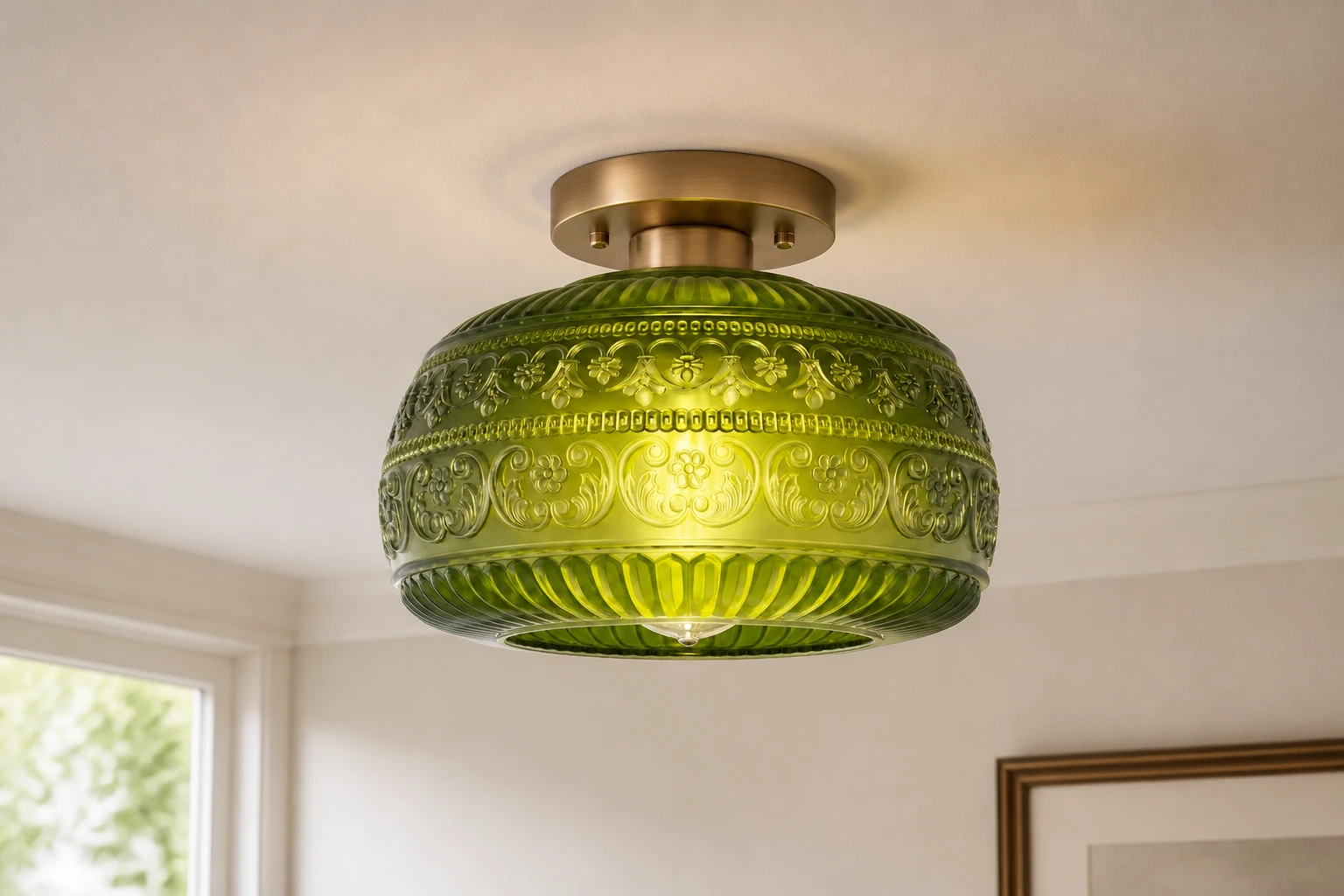 Oliver carved glass vintage flush mount ceiling light in a living room