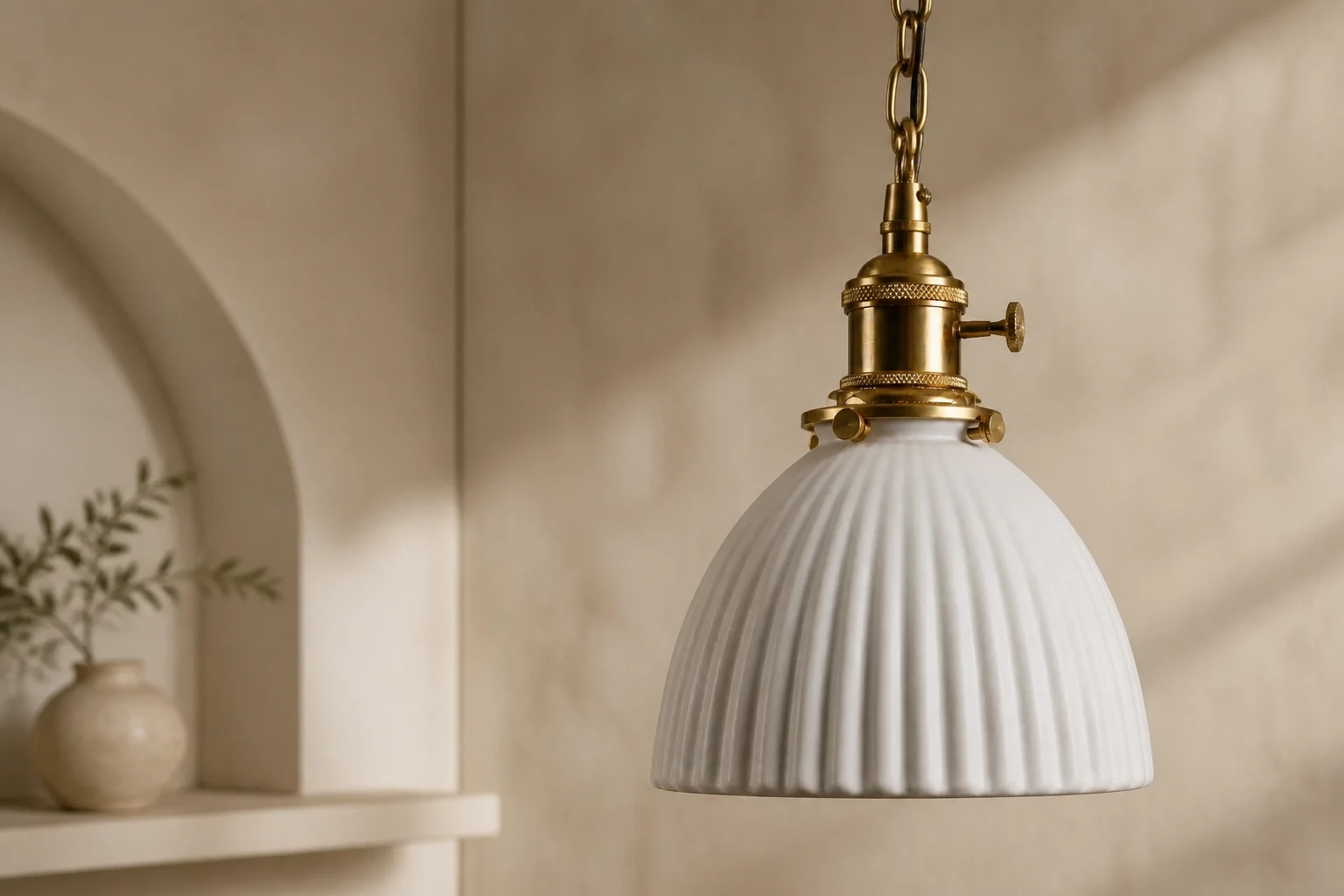 Close detail of ribbed white ceramic shade and antique brass pendant hardware
