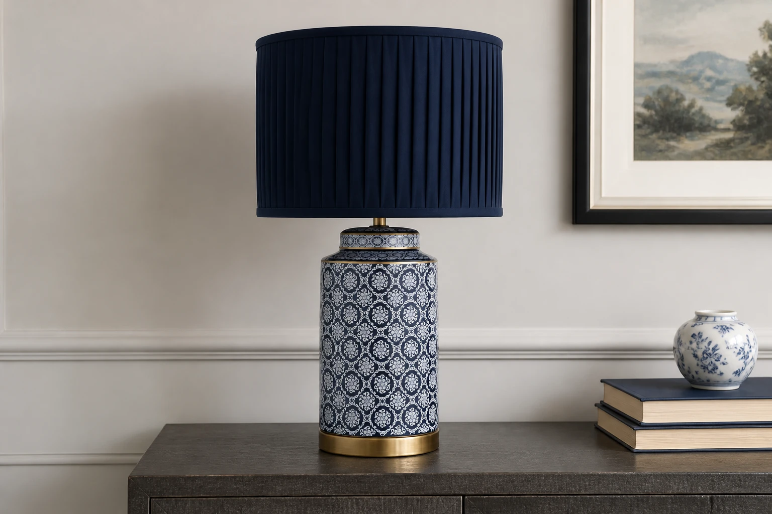 Blue patterned ceramic base and antique brass trim detail