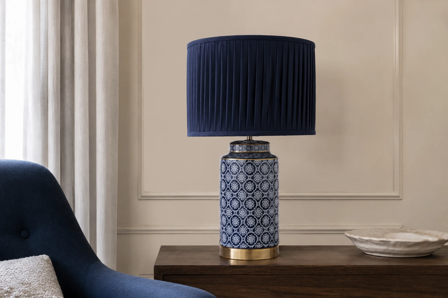 Knipton blue ceramic and antique brass table lamp