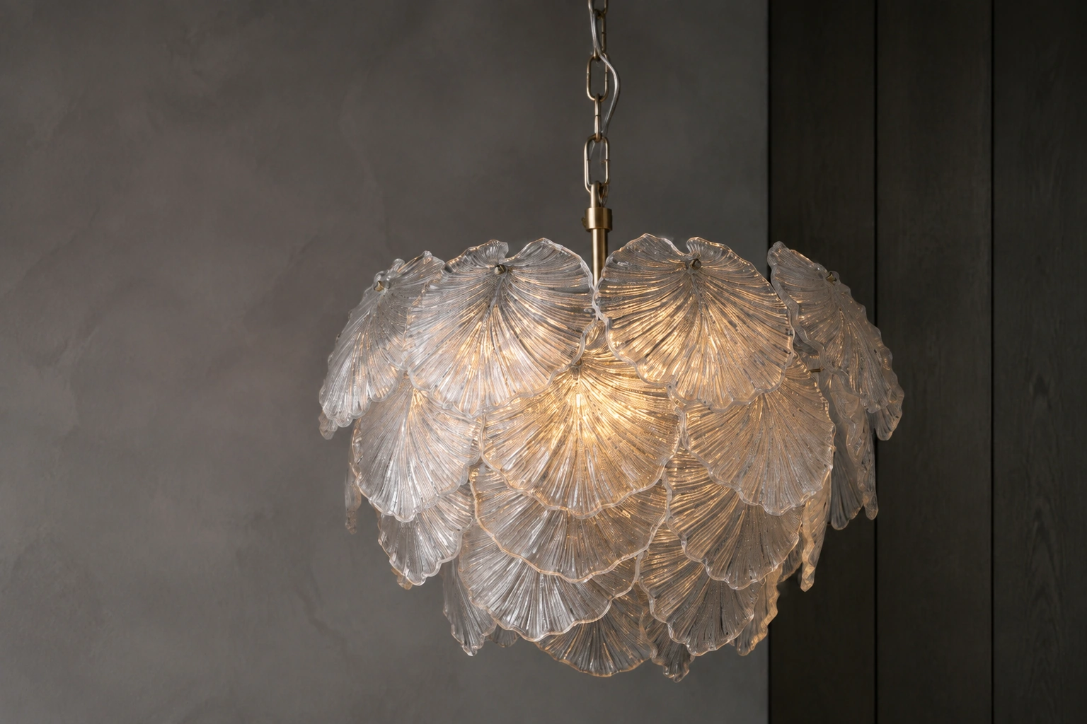 Courtney textured glass leaf chandelier and antique brass chain detail