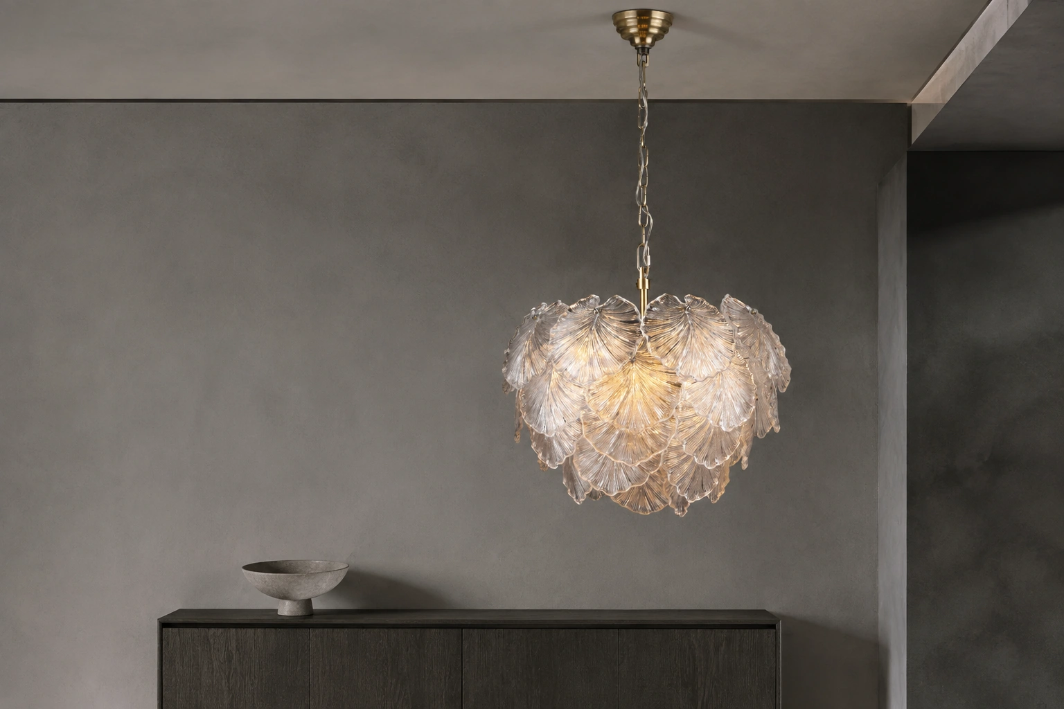 Courtney textured glass leaf chandelier with antique brass chain