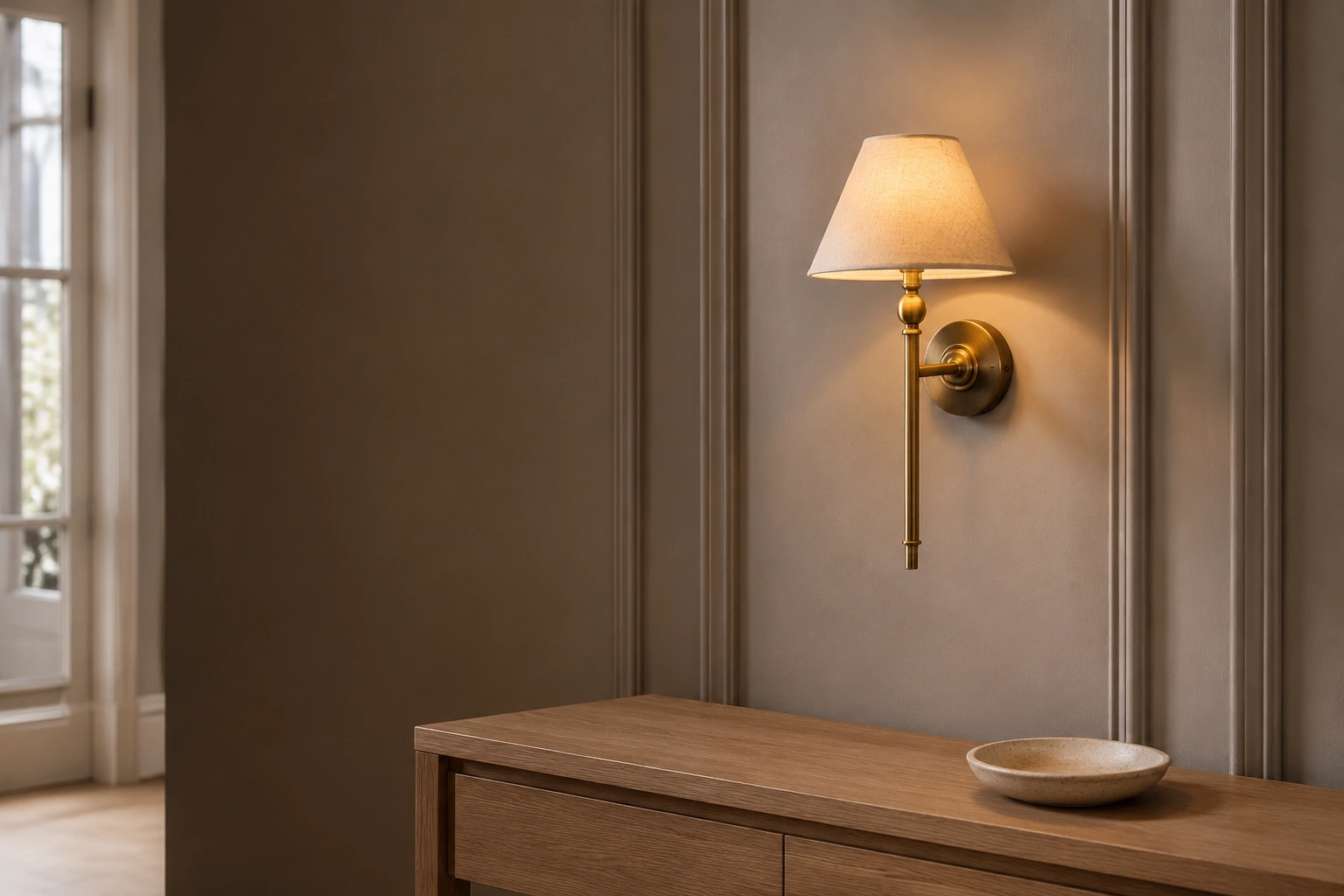 Lille antique brass wall light with natural linen shade in a family home entrance