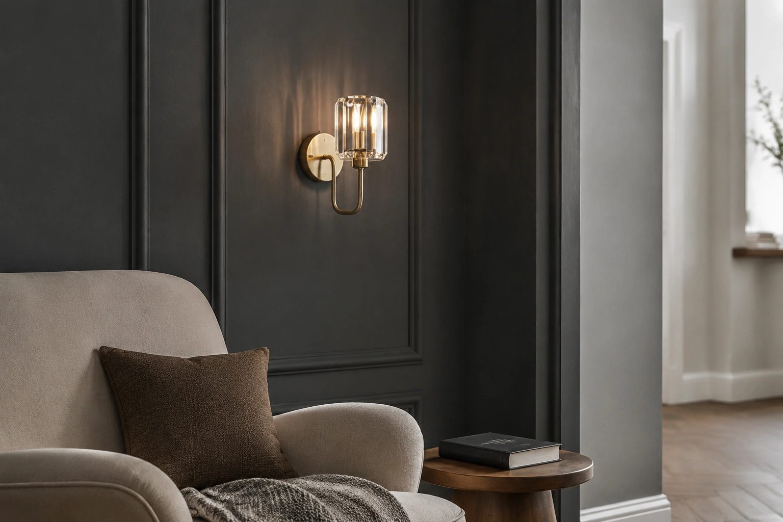 Berenice wall light beside a living room reading chair