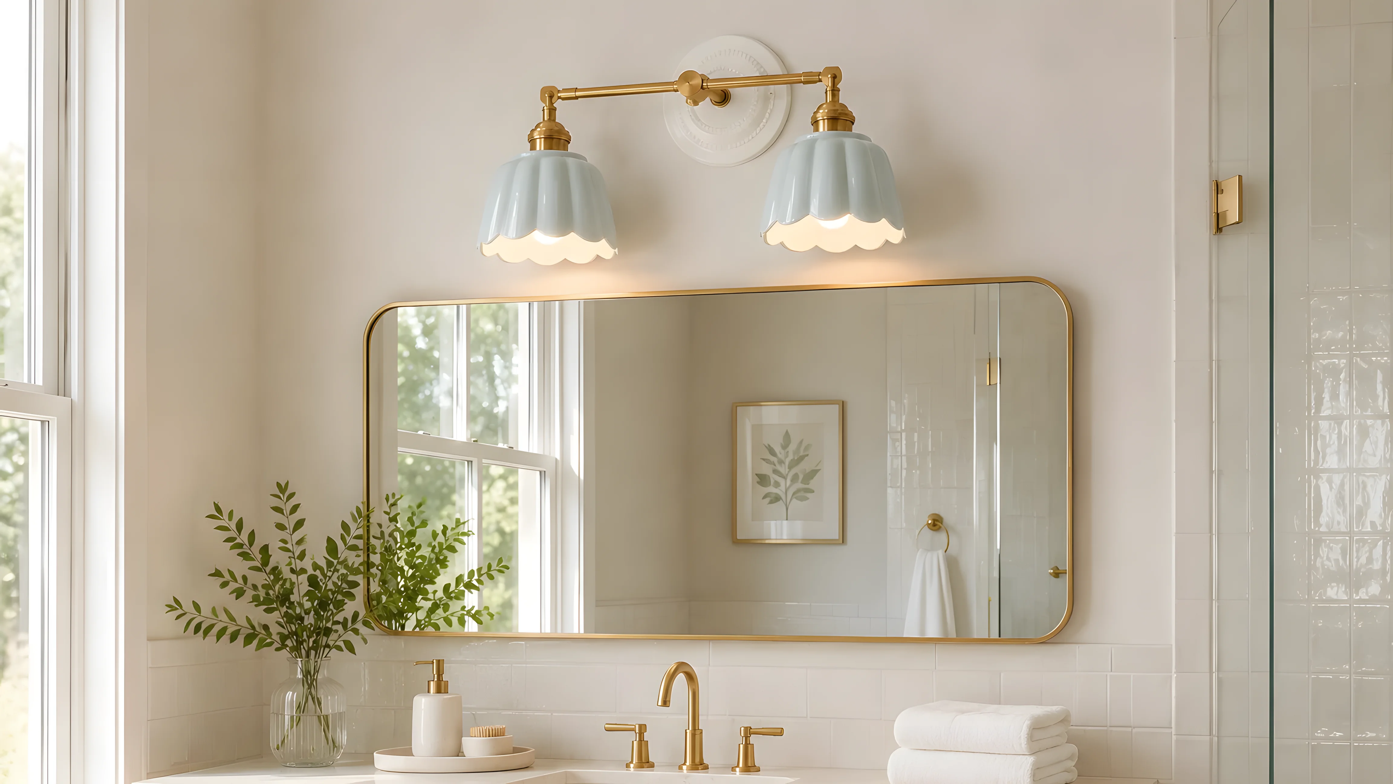 Twin wall lights above a bathroom vanity