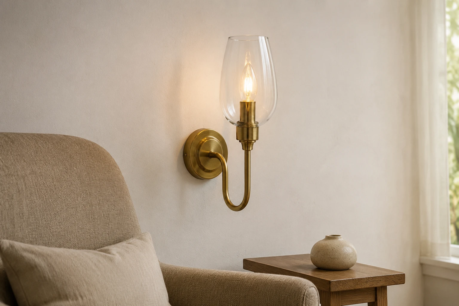 Amos antique brass and clear glass wall light in a residential reading corner