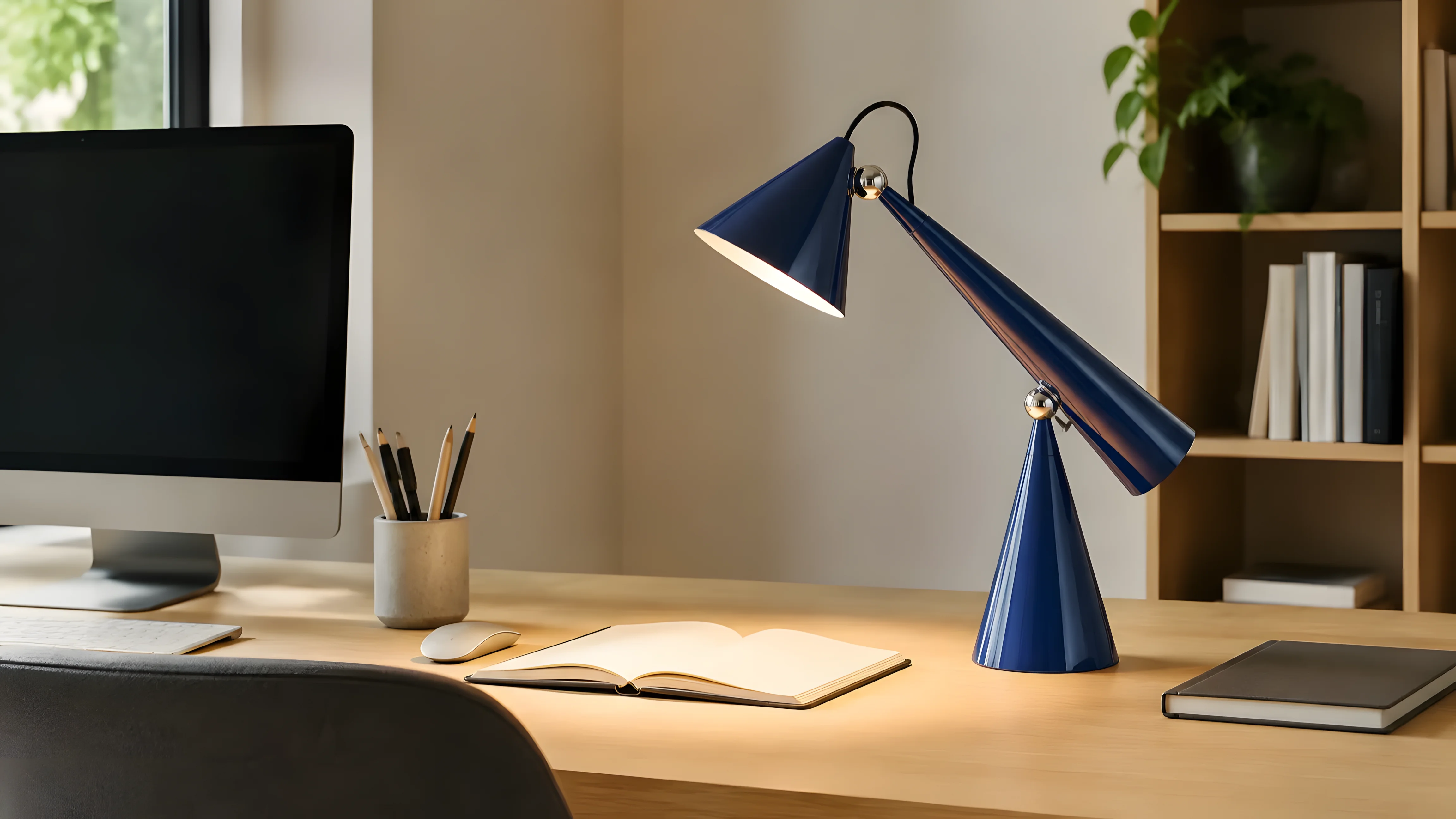 Adjustable blue desk lamp on a home office desk
