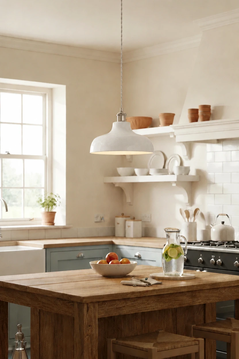 Plain white cement pendant used above a kitchen surface