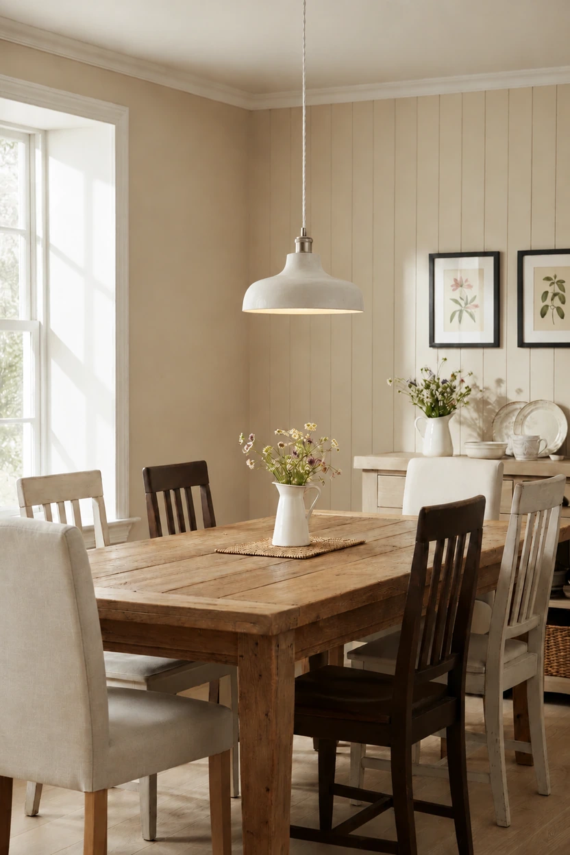 Plain white cement pendant above a dining table