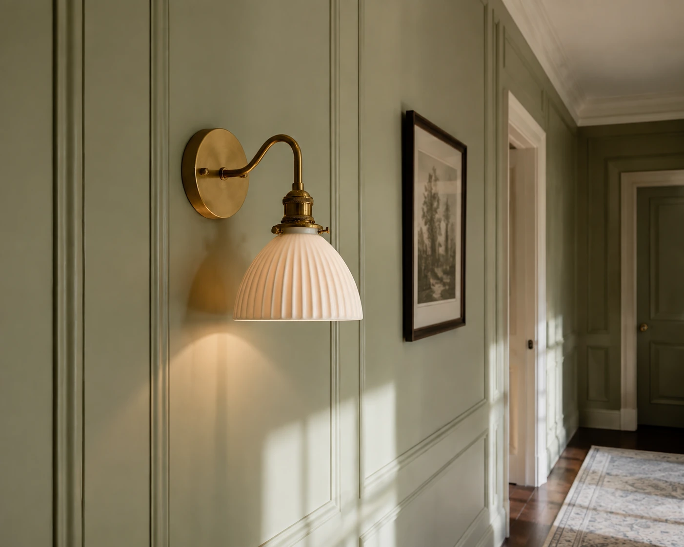 Vintage brass ceramic wall sconce lighting a paneled hallway