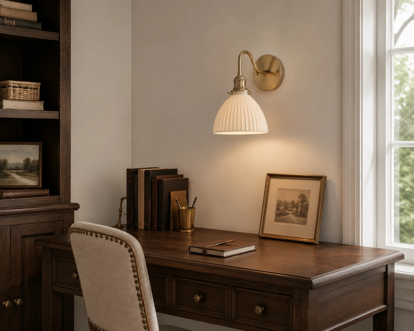 Vintage brass ceramic wall sconce above a compact writing desk