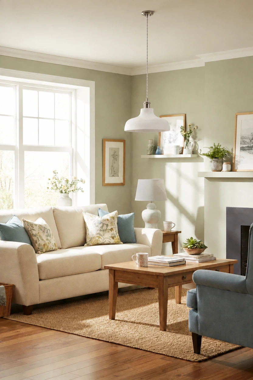Plain white cement pendant in a relaxed living room