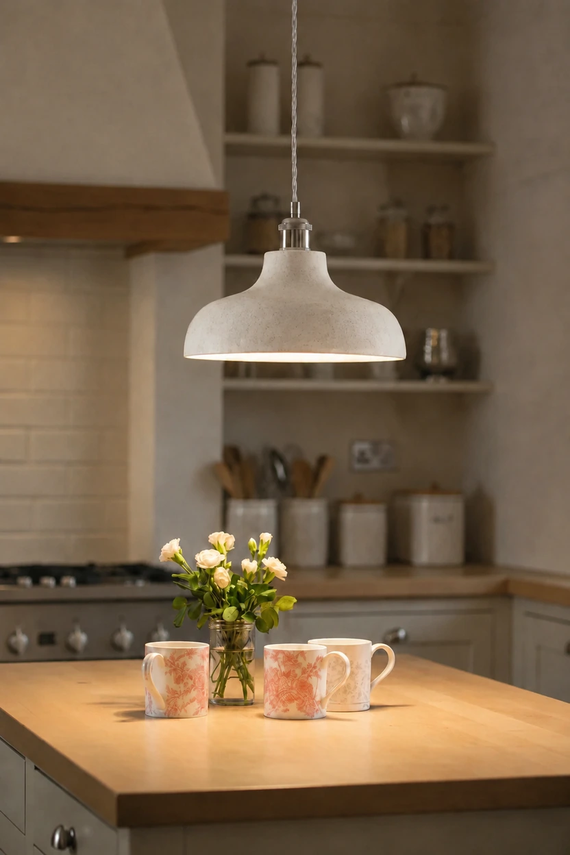 Pendant casting warm light through its open lower edge