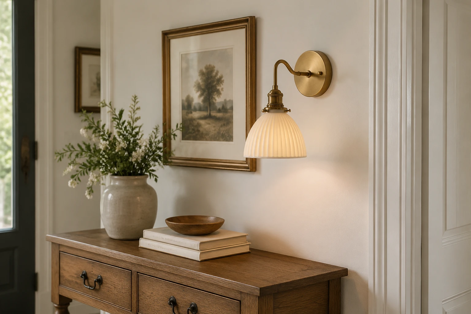 Vintage brass ceramic wall sconce installed above an entryway console
