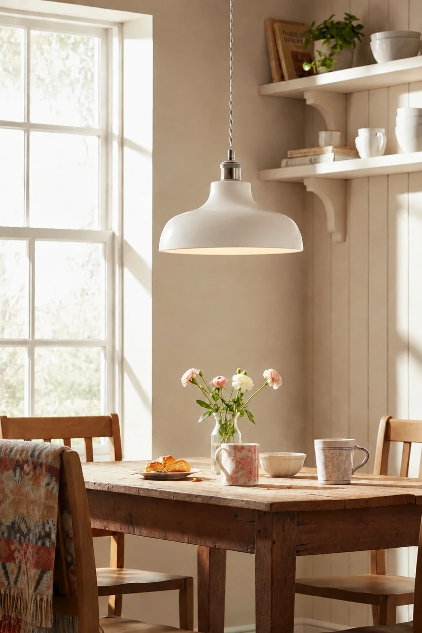 White cement pendant in a softly furnished room