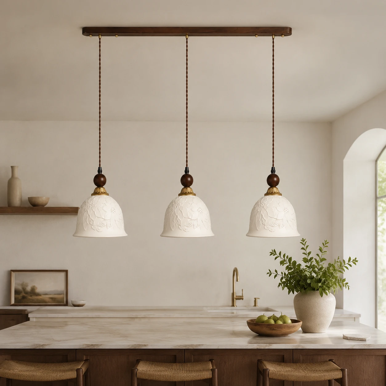 Triple pendant with three equal-length cords suspended from one walnut canopy