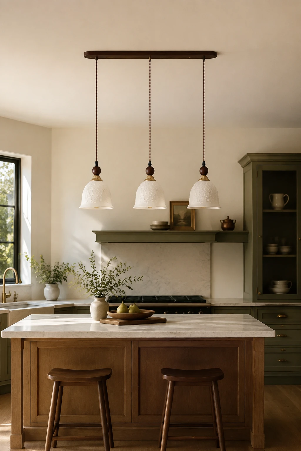 Triple ceramic pendant correctly installed above a kitchen island