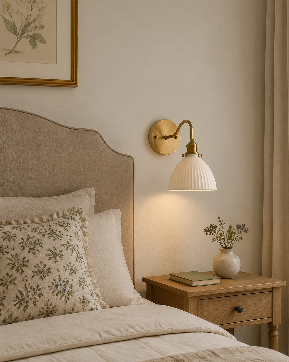 Vintage brass ceramic wall sconce beside a bedroom headboard