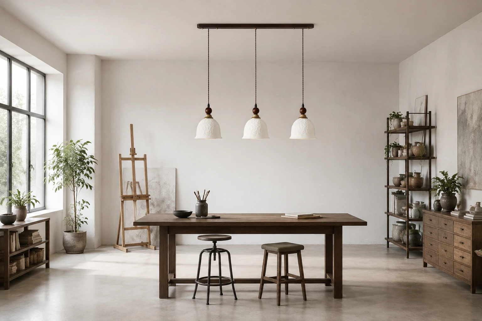 Triple pendant at modest real-world scale above a shared studio table