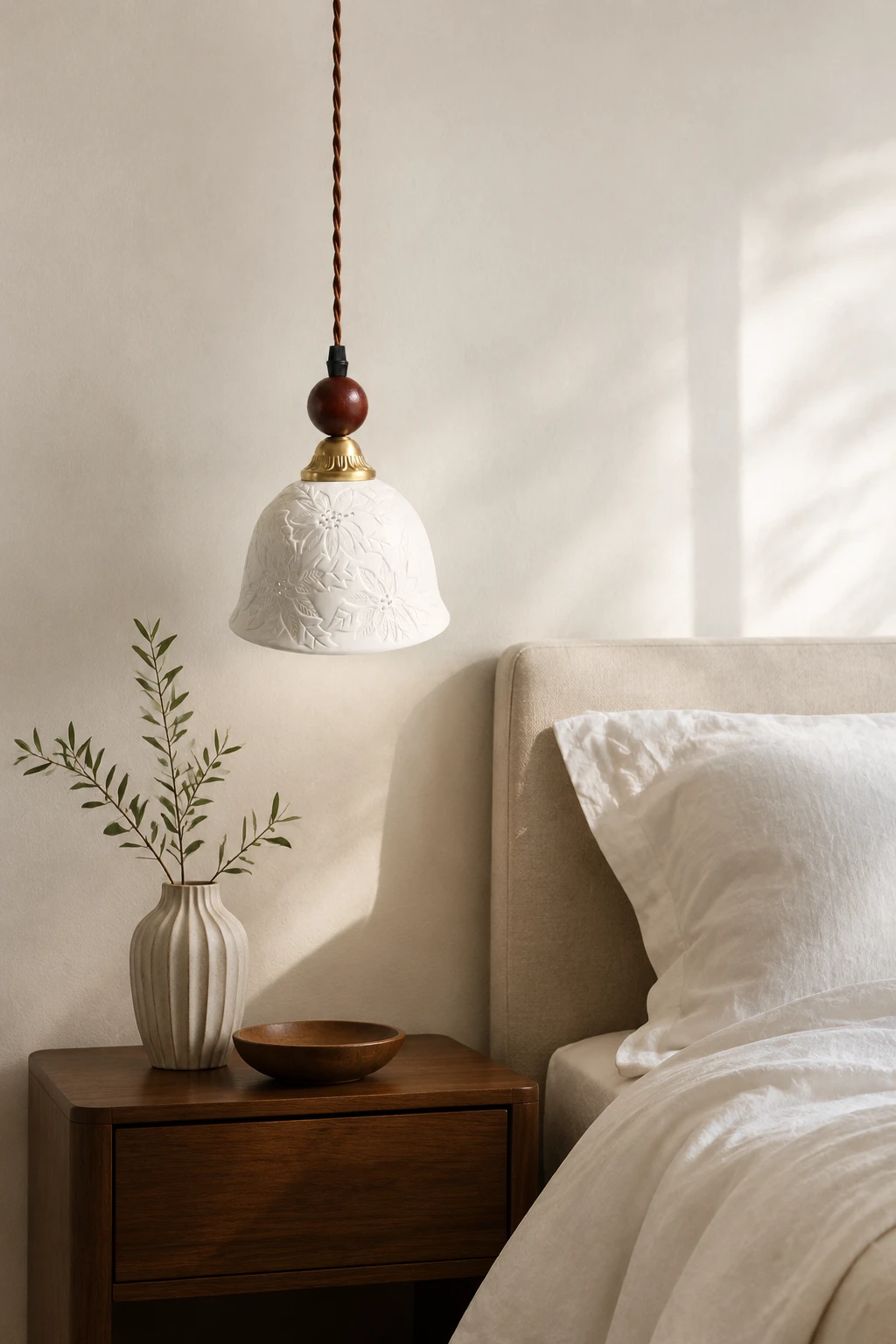 Single ceramic pendant beside a bed above a walnut bedside table