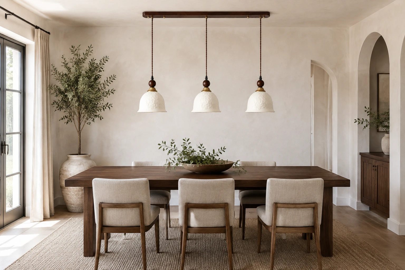 Triple floral relief ceramic pendant above a long walnut dining table