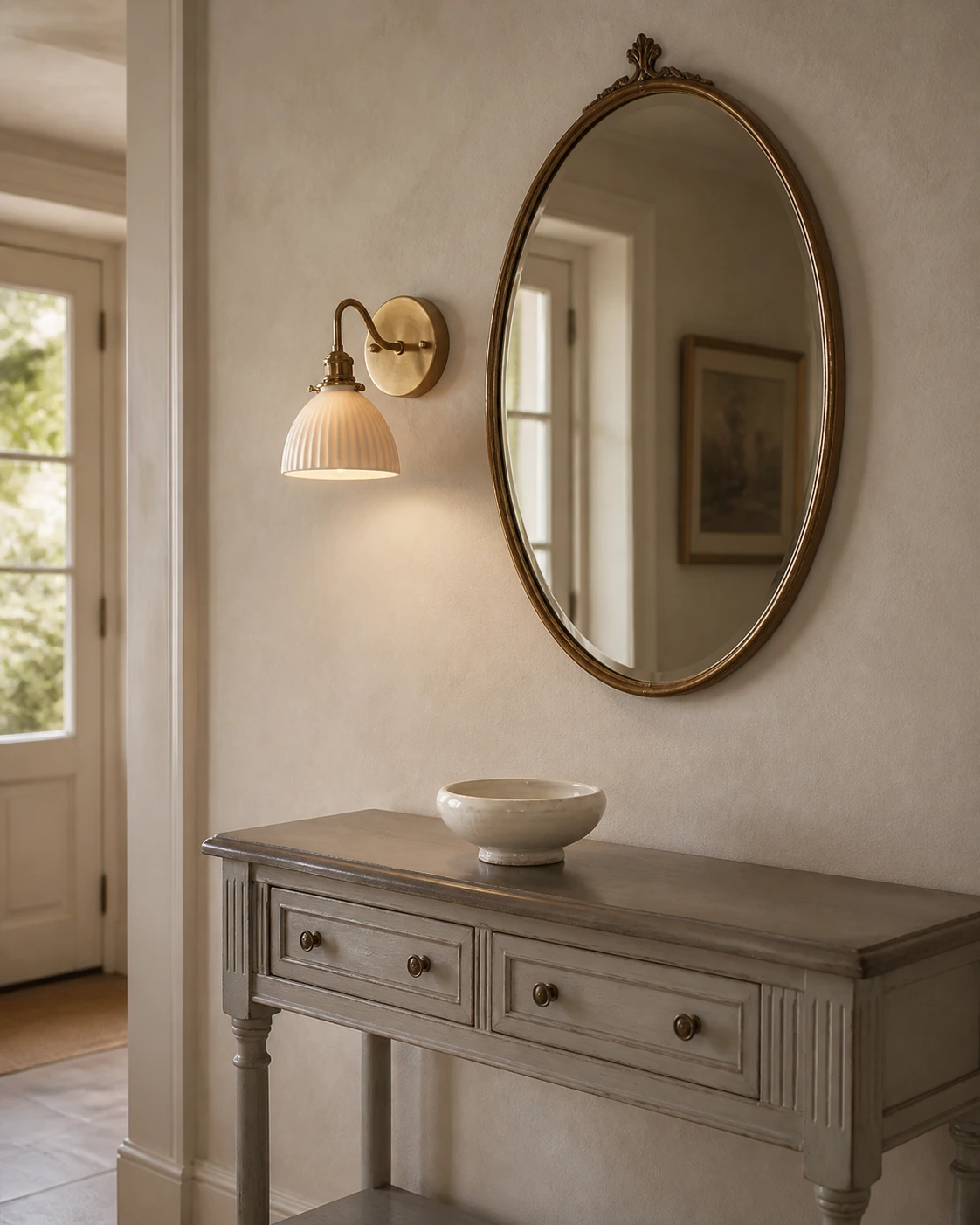 Vintage brass ceramic wall sconce in an entryway console setting