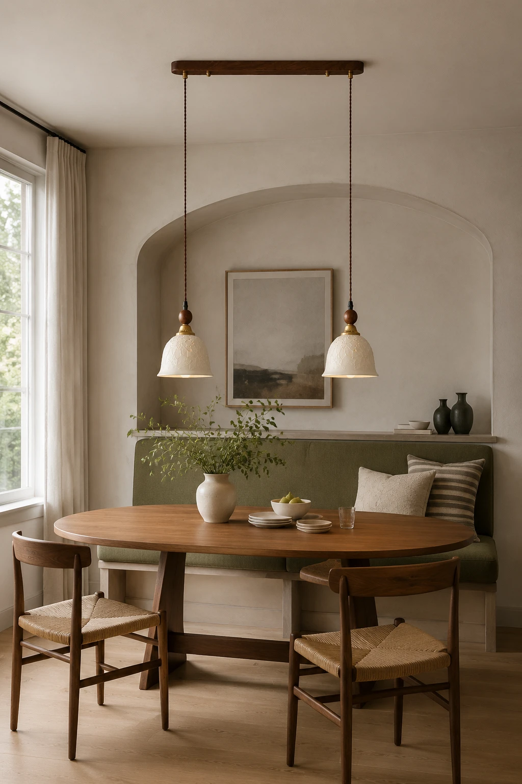Double ceramic pendant correctly installed above an oval dining table