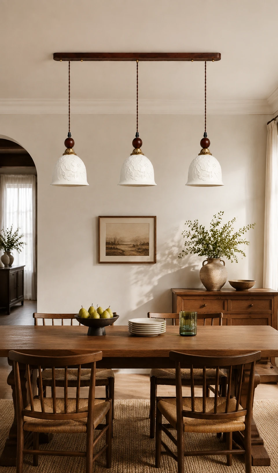 Triple pendant installation showing one shared canopy and three equal-length suspension cords