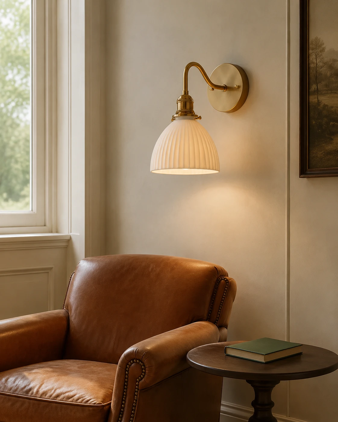 Vintage brass ceramic wall sconce above a leather reading chair