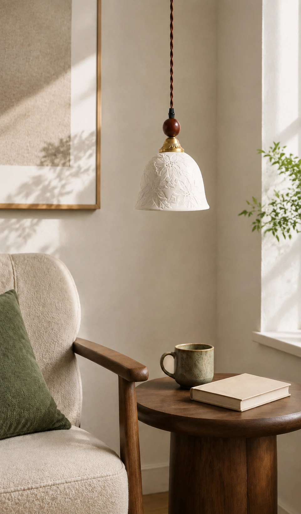 Single pendant at true scale in a bright reading corner