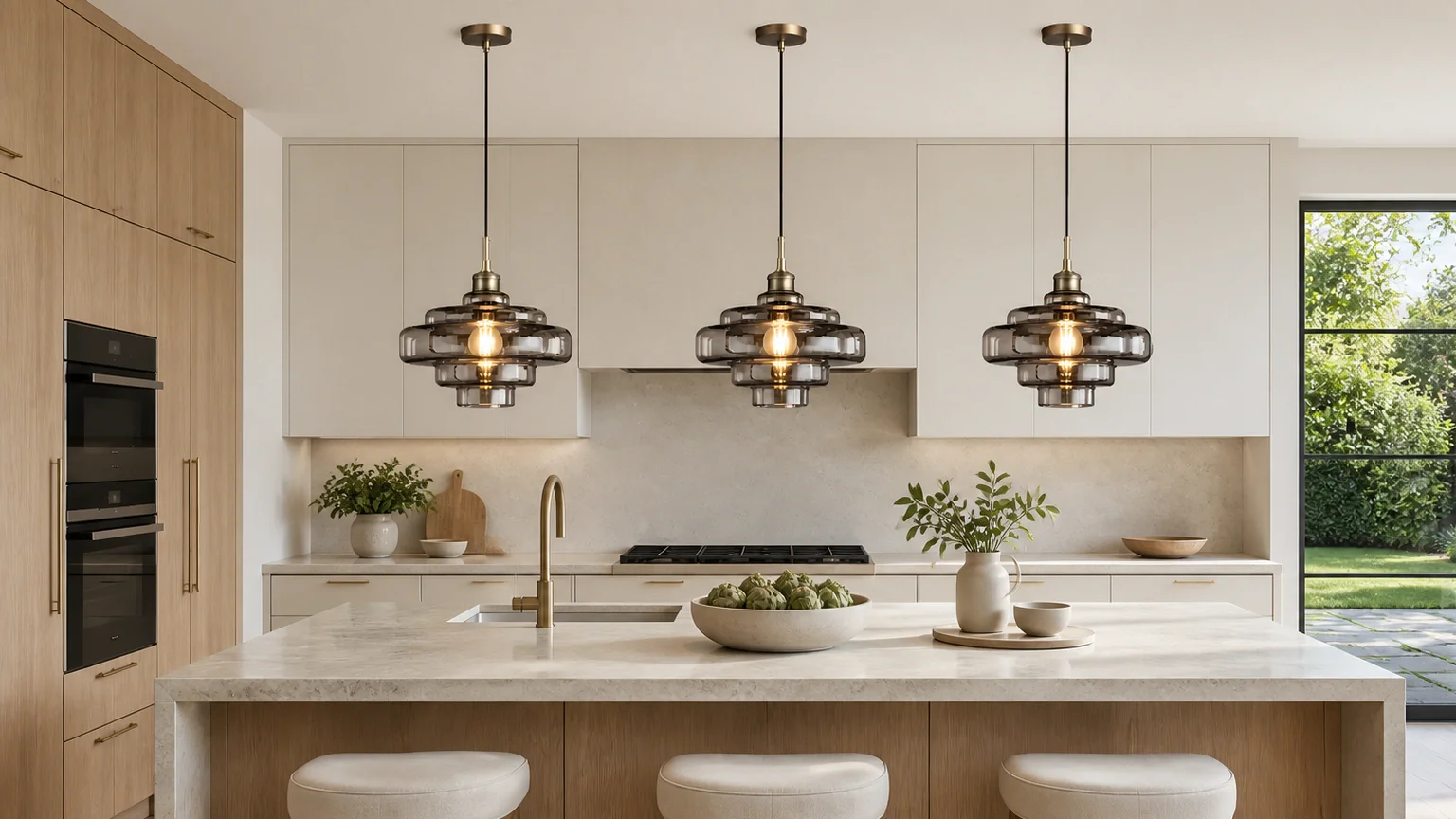 Three pendant lights over a kitchen island