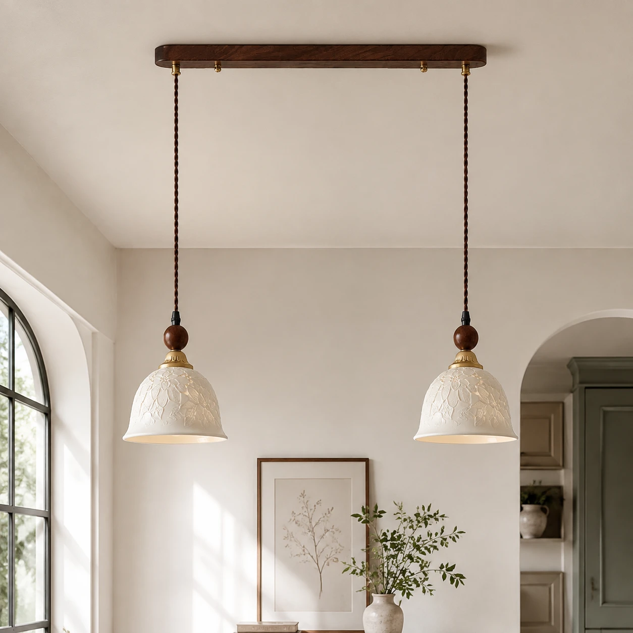 Complete double pendant configuration with shared walnut ceiling canopy