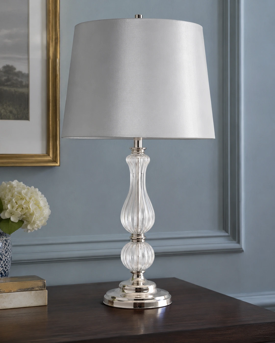 Polished nickel fittings and stepped circular lamp base