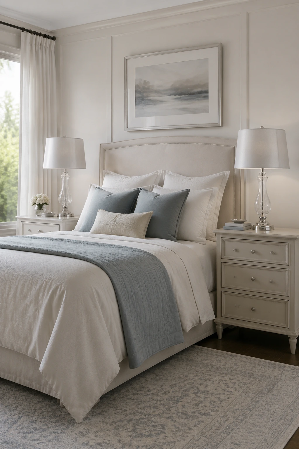 Pair of Bradshaw glass table lamps in a balanced bedroom