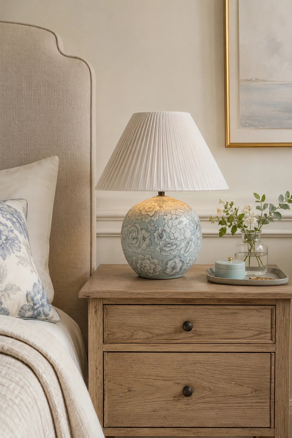 Complete Montford blue ceramic table lamp in a bedroom setting