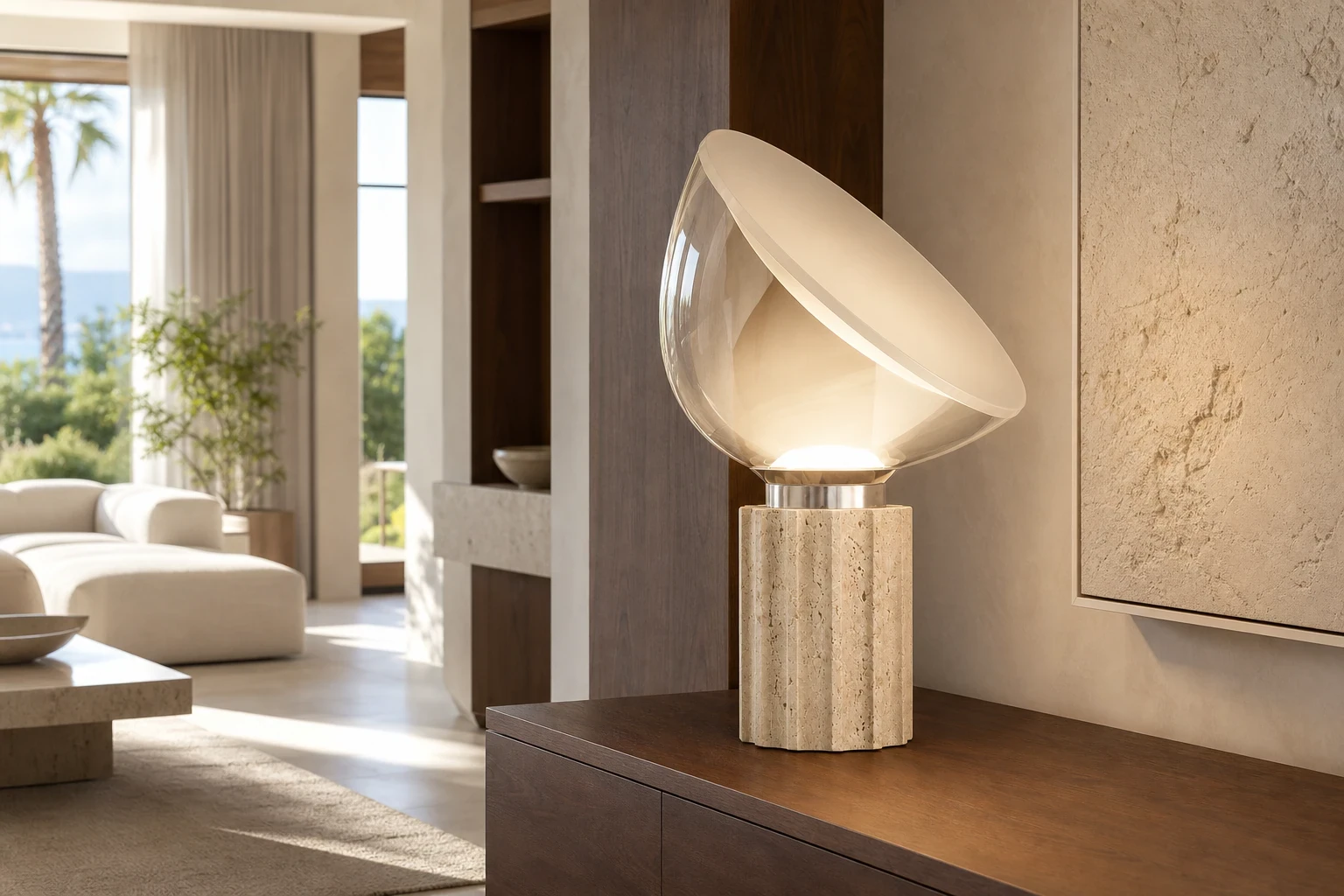 Soline travertine glass table lamp in a bright modern living room.