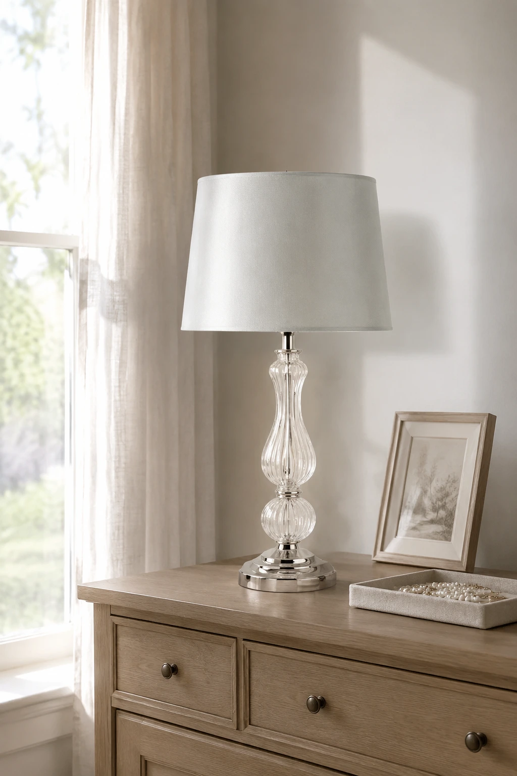 Bradshaw lamp on a bedroom dresser in natural daylight
