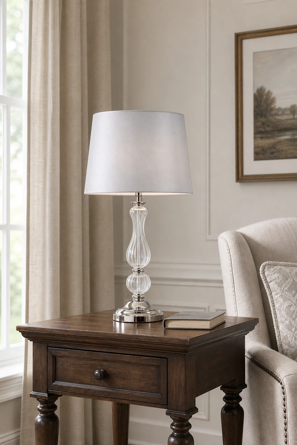 Bradshaw glass table lamp in a home reading corner