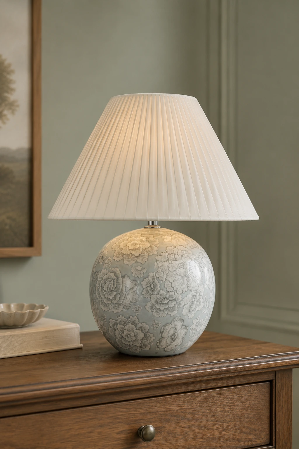 Pleated ivory shade and ceramic lamp neck detail