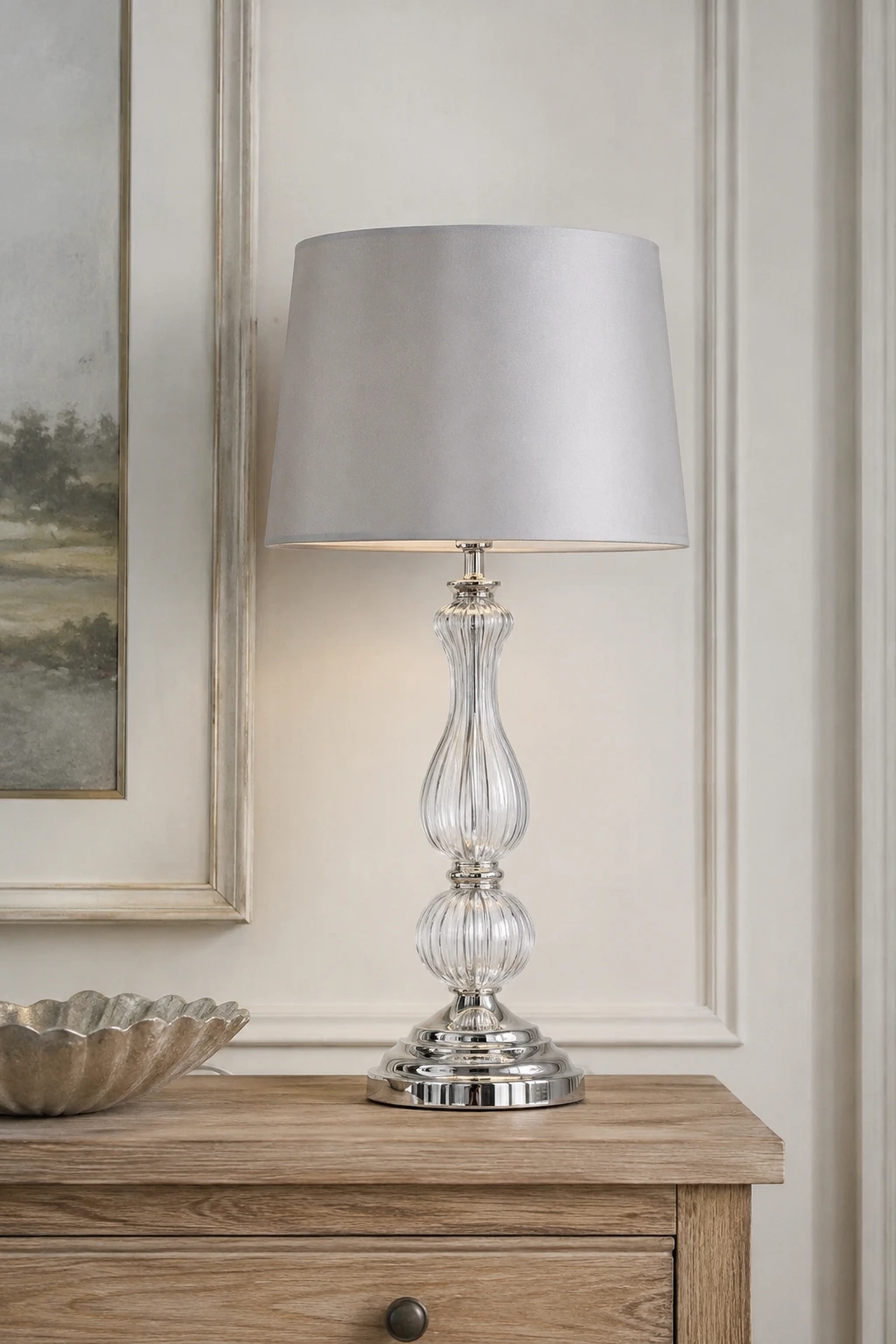 Complete Bradshaw ribbed glass table lamp in a refined home setting