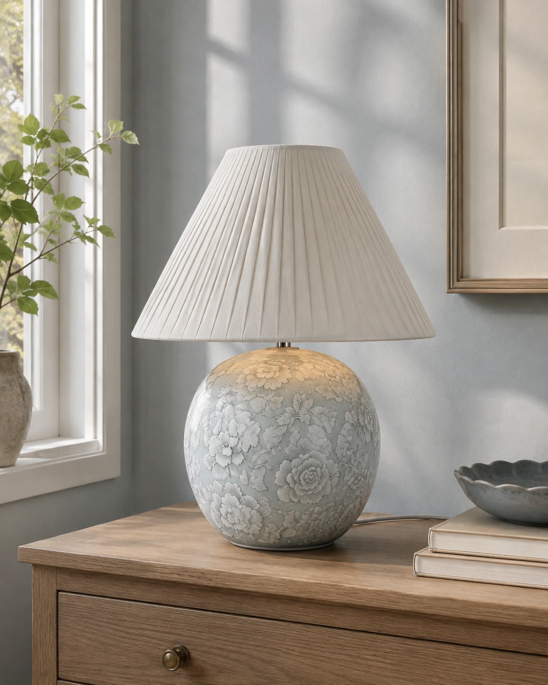 Ivory pleated fabric shade of the Montford table lamp