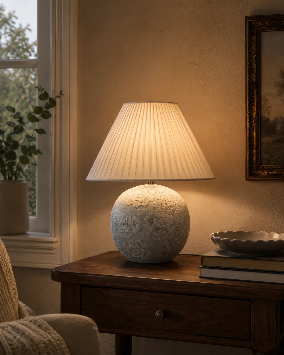 Soft light through the pleated shade above the floral ceramic base
