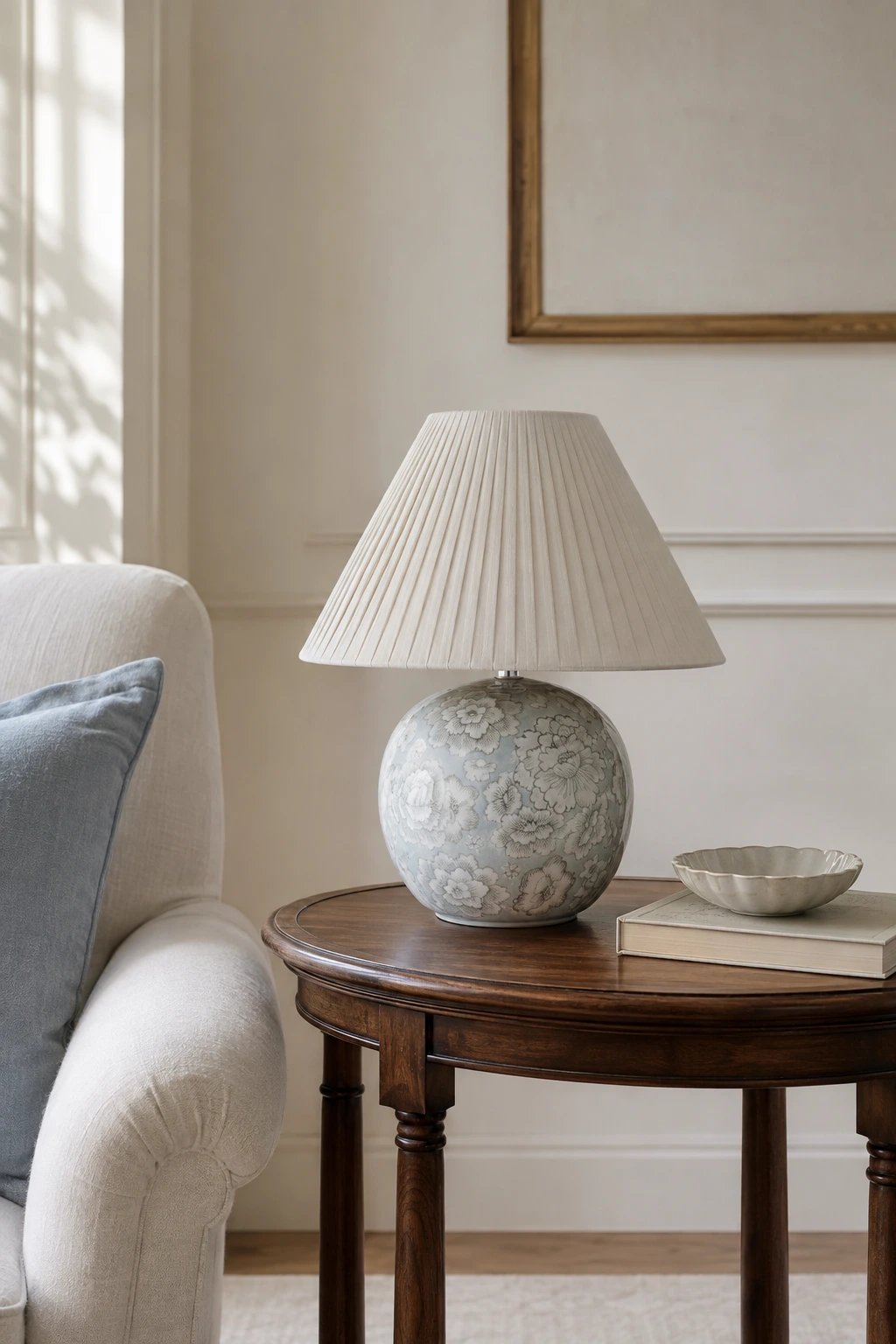 Montford table lamp beside a living-room sofa