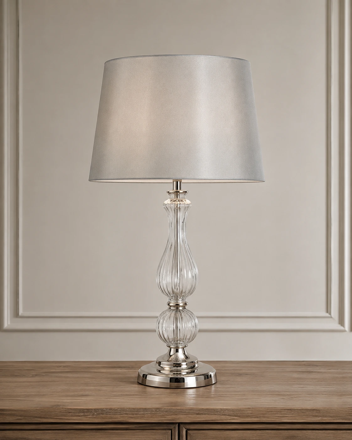 Cool gray faux-silk tapered drum shade and soft light