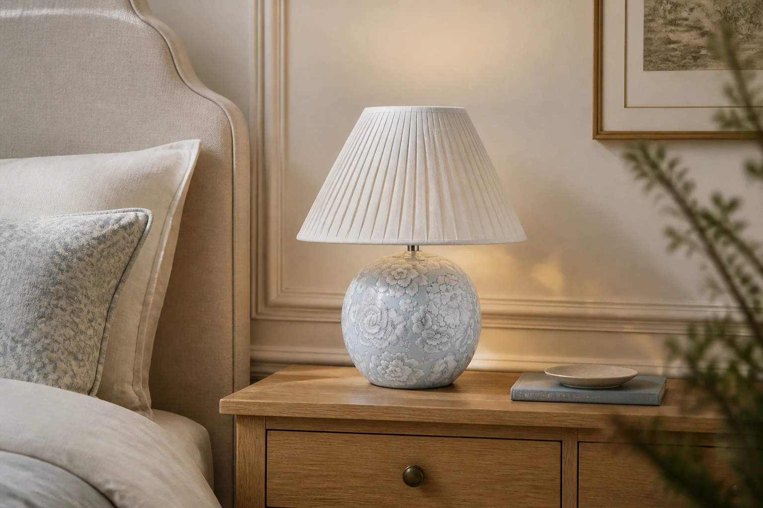 Montford blue ceramic table lamp on a bedroom nightstand