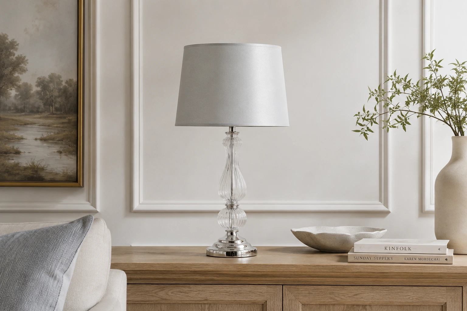 Bradshaw ribbed glass table lamp on a living-room console