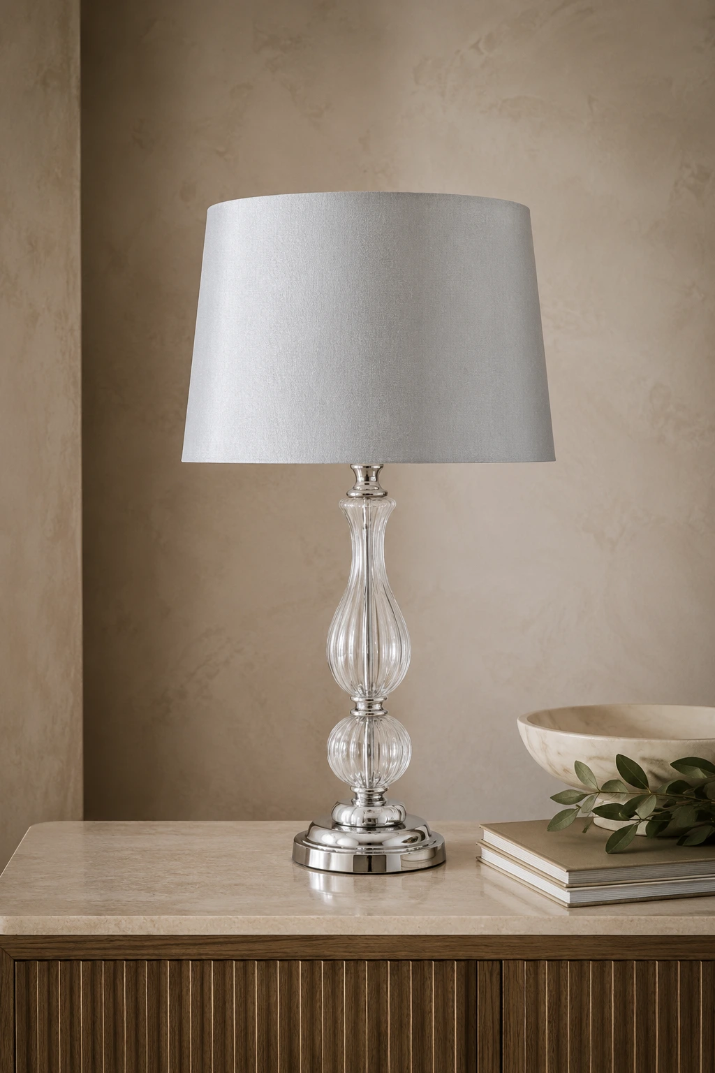 Optical detail of the two-part ribbed clear-glass lamp body