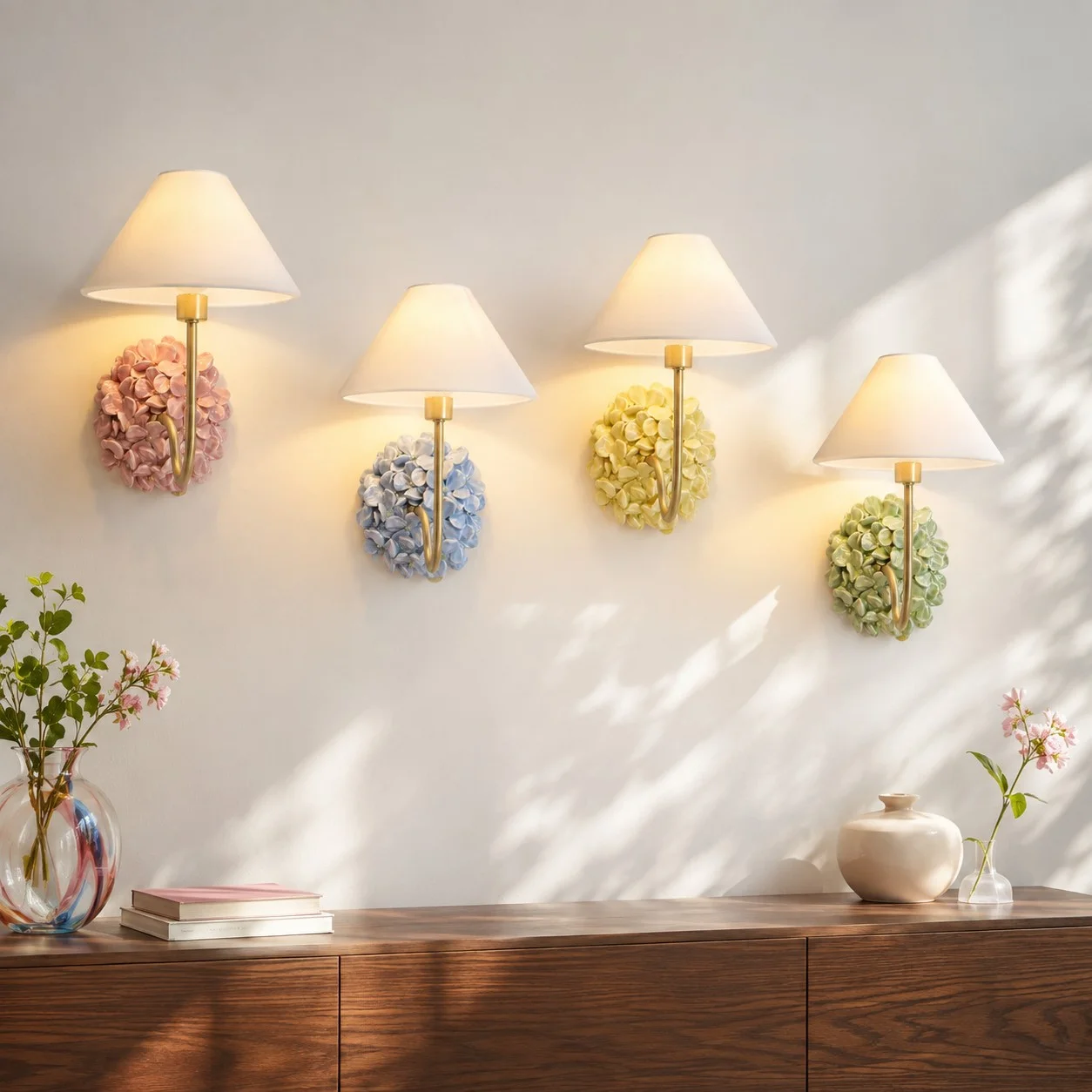 Four Florienne floral wall sconces illustrating Pink, Blue, Yellow and Light Green color options